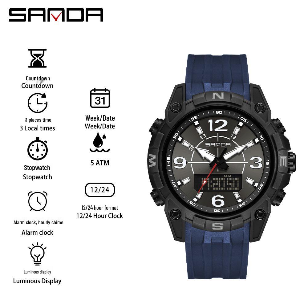 Sanda Men's Multifunctional Waterproof Sports Watch with Dual Display and Snooze Alarm