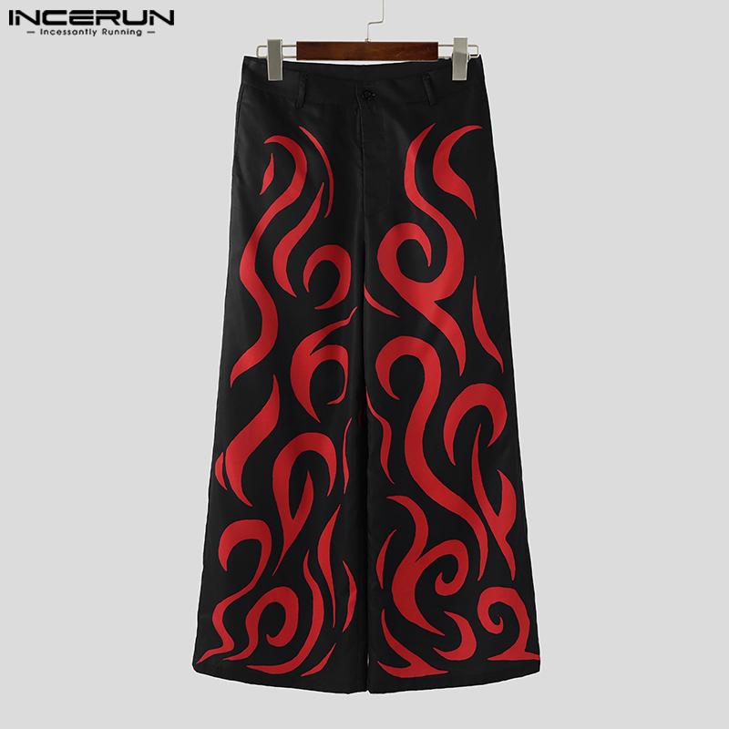 INCERUN Men Pants Casual Print Zipper Up Waist Wide Legs Long Trousers Pants