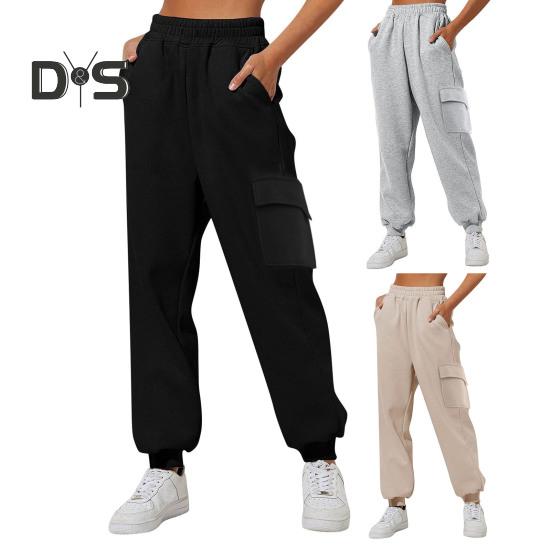 Women Cargo Pants Elastic Waist Solid Color Loose Ankle Length Multi Pockets Casual Soft Breathable Lady Sports Long Trousers