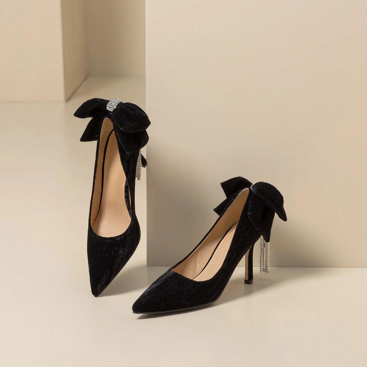 модные женские туфли Niche Tassel Rhinestone High Heels Новые весенние модные черные — фото 4