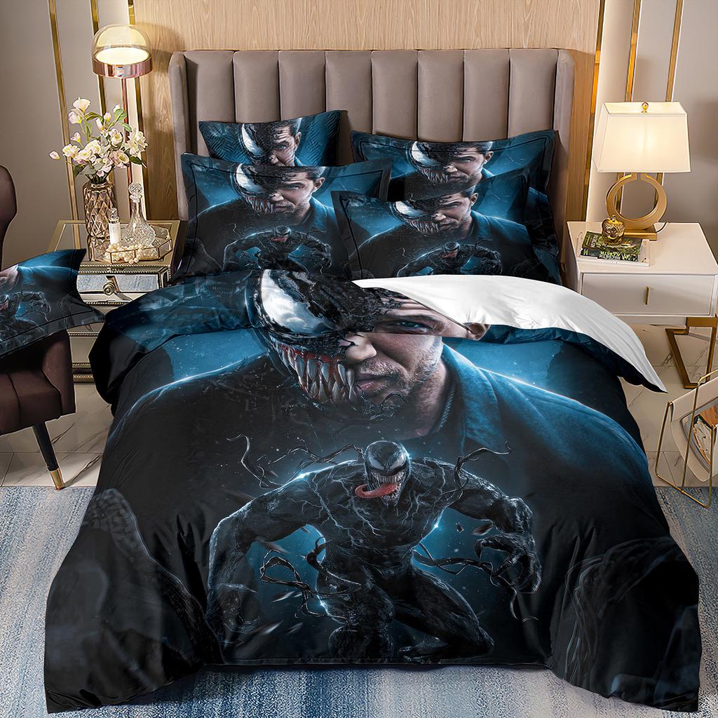 Venom Duvet Cover Set, Soft Microfiber 3D Print Black Bedding Sets Quilt Cover and 2 Pillowcases 50x75cm with Zipper Closure