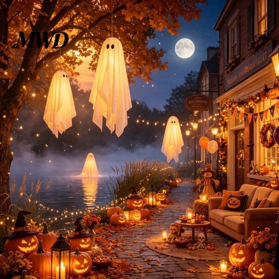 Glowing Halloween Scene Accessories 3Pcs Lighted Hanging Ghost Decorations,Glowing Warm LED Floating Ghosts, Swinging Creepy Yard Decorations