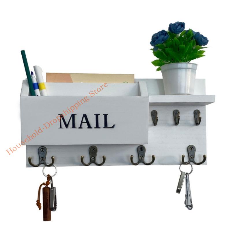 Wooden Wall Mailbox And Holder With Hooks Wall Mounted Letter Container 85AD