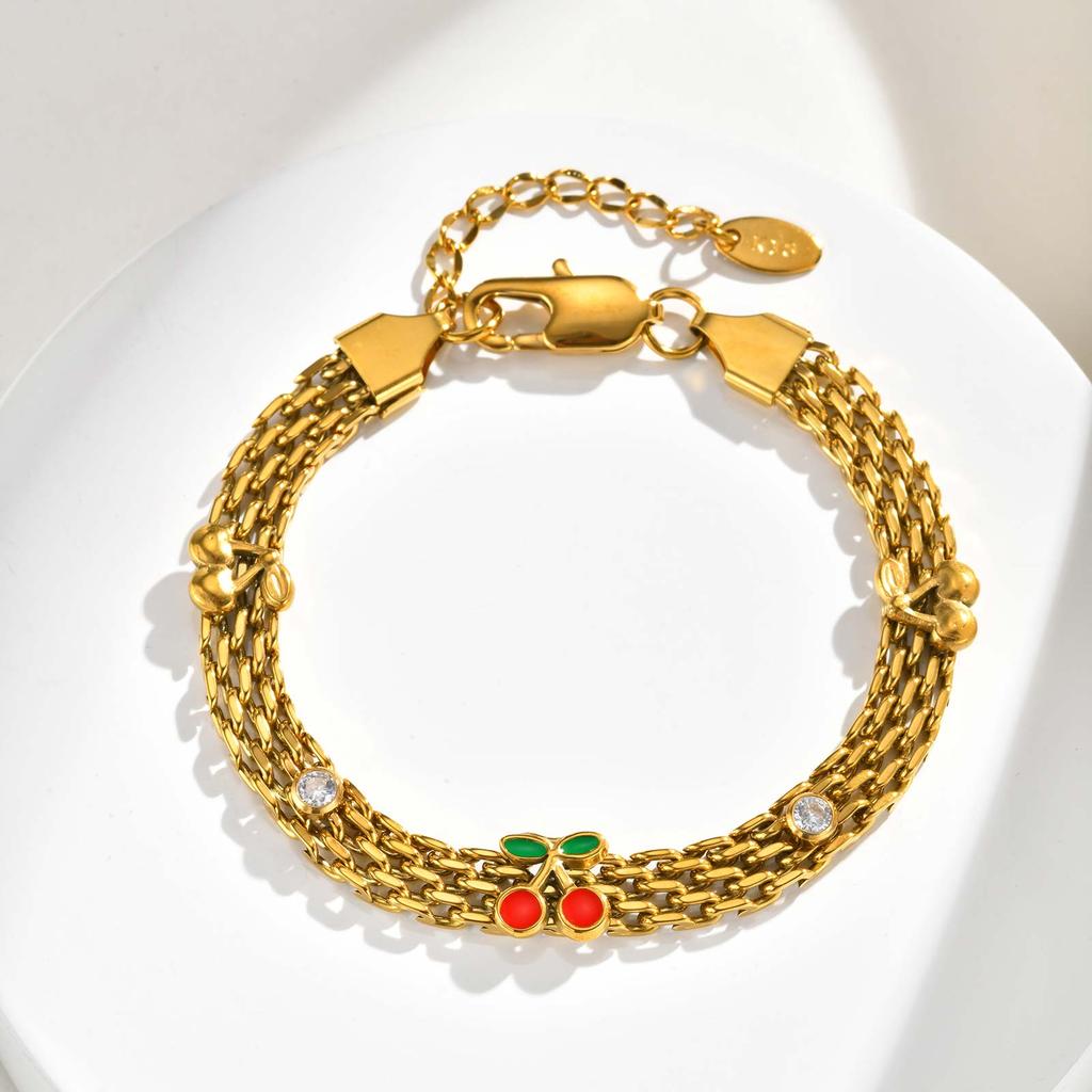 Cute Cherry White Zircon Bracelet for Women,18K Gold Plated Mesh Strap Chain Bracelets,Fashion Daily Jewelry Gifts