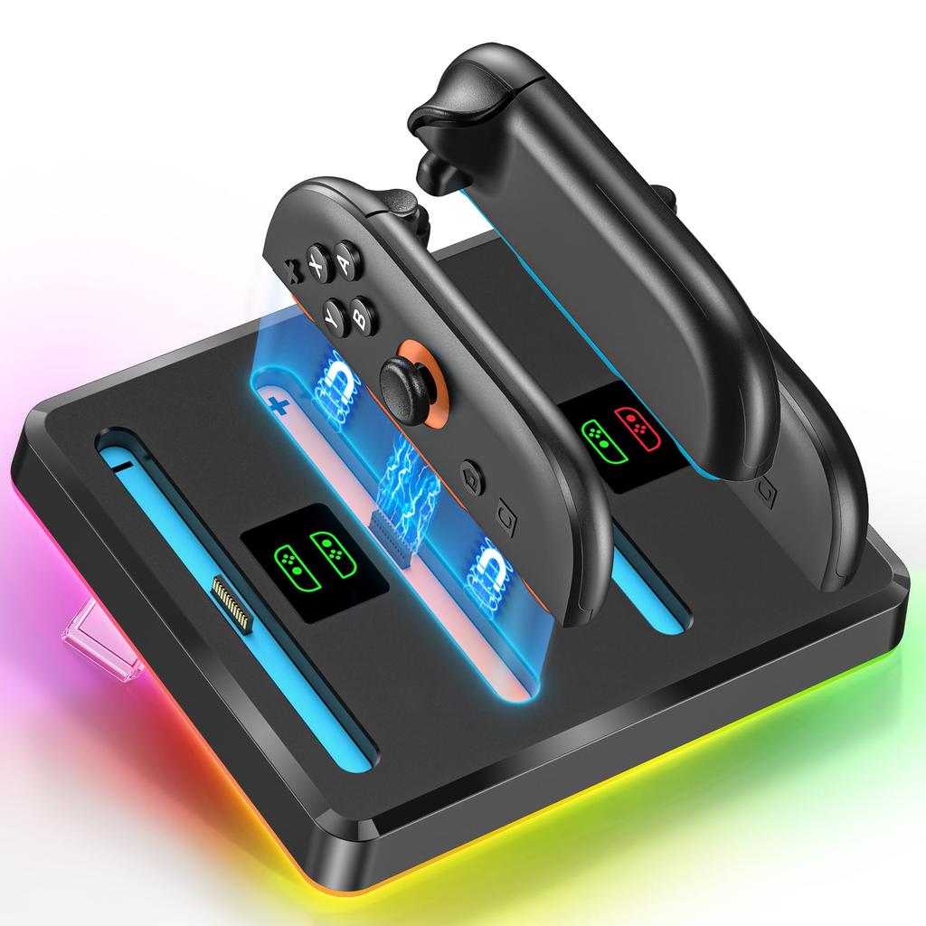 2 Charging Stand with Nintendo Switch Holds 4 RGB Prevents Switch 2 Controller Peripherals Joy-Con [Compatible 2] Joy-Cons, Light, Overcharging,