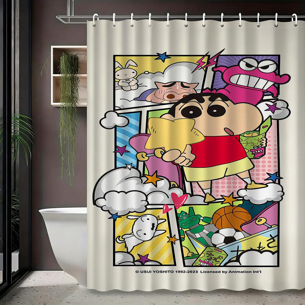 Crayon Shin-Chan & Friends & Shiro Night Forest Firefly Adventure Scene 2D Print Waterproof Shower Curtain, Mysterious Purple &