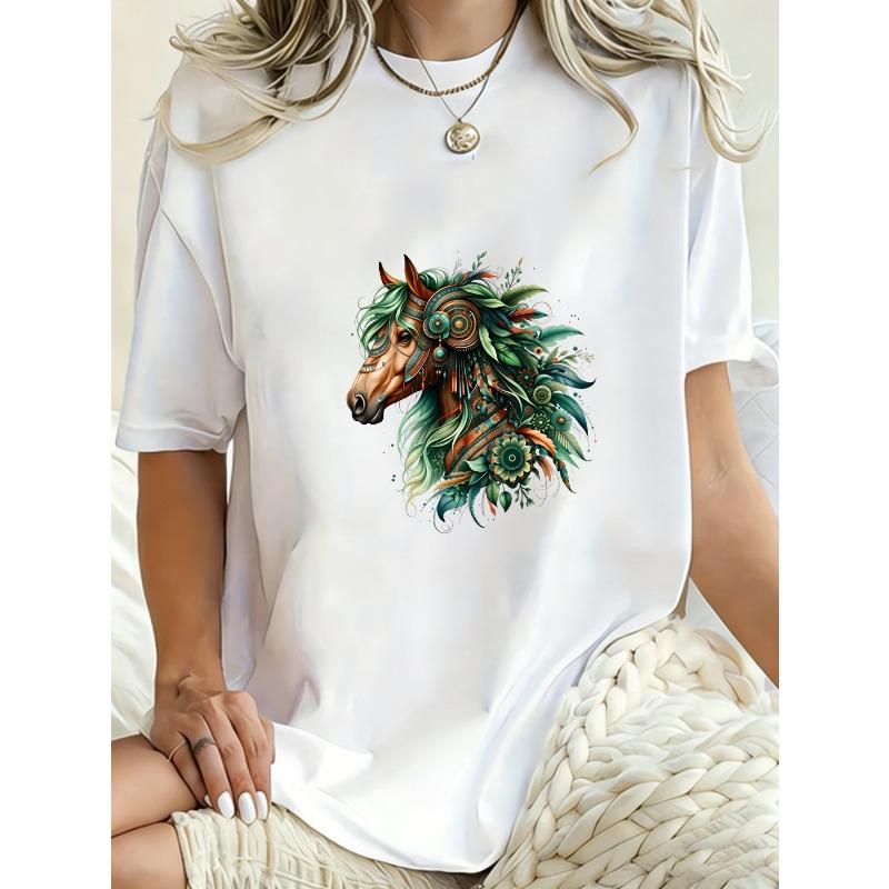 Oversized T Shirt Black Horse Floral Pattern Print Casual Wear For Women Streetwear Fashion Summer Outfit