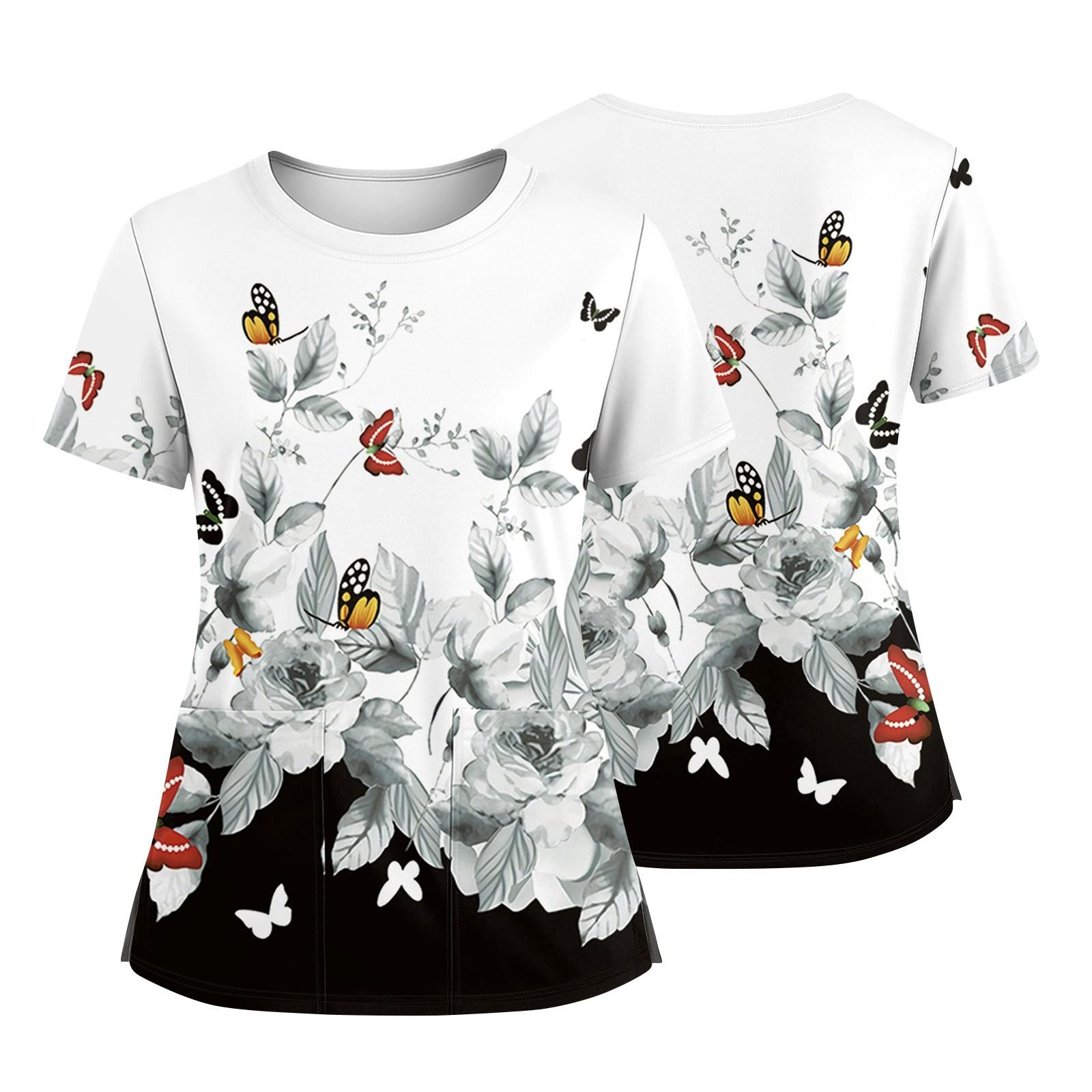 

Женская модная футболка с принтом, круглым вырезом, карманом, короткими рукавами и разрезом по низу, униформа и рабочая блузка XL белый