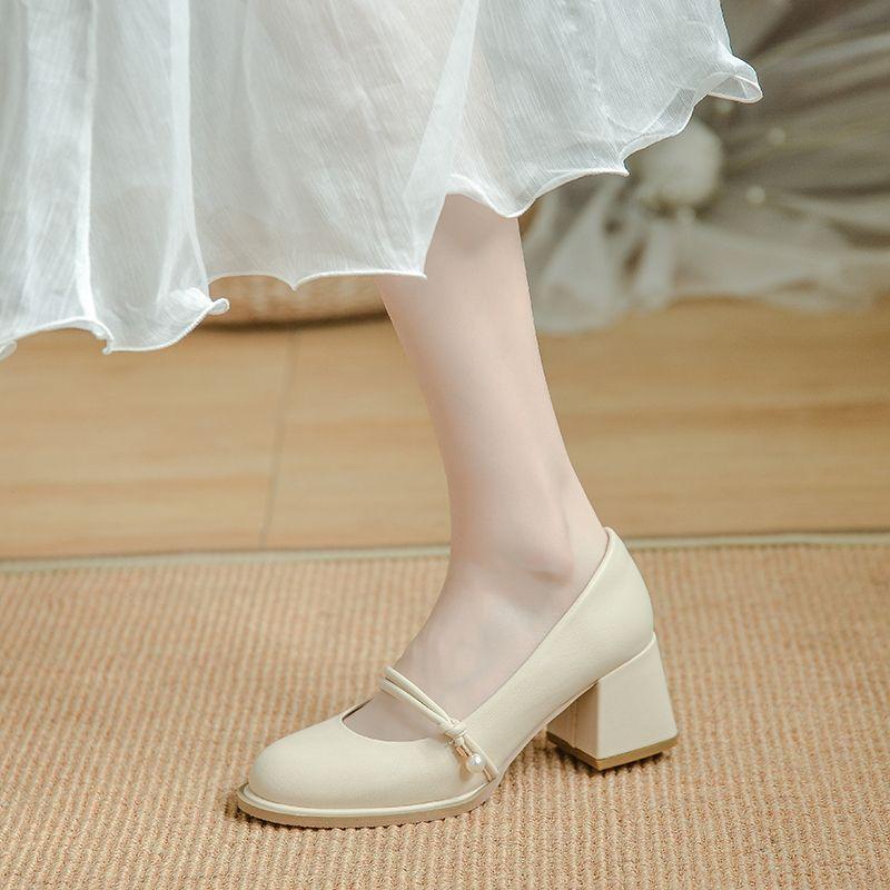 WTEMPO Round Toe High Heels for Women Thick Heels Solid Colors Fashionable and Versatile Fairy Style Soft Soles Comfortable Work Shoes