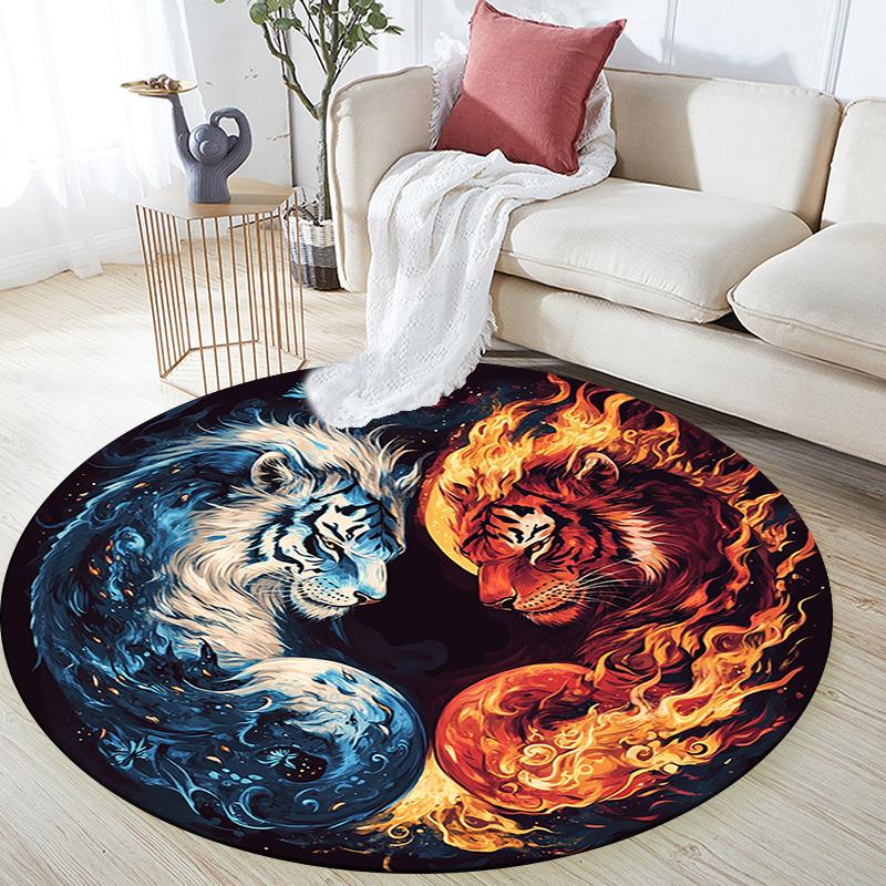 Yin Yang Tiger Round Area Rug,Carpet Rug for Living Room Bedroom Sofa Playroom Decor,Non-slip Floor Mat
