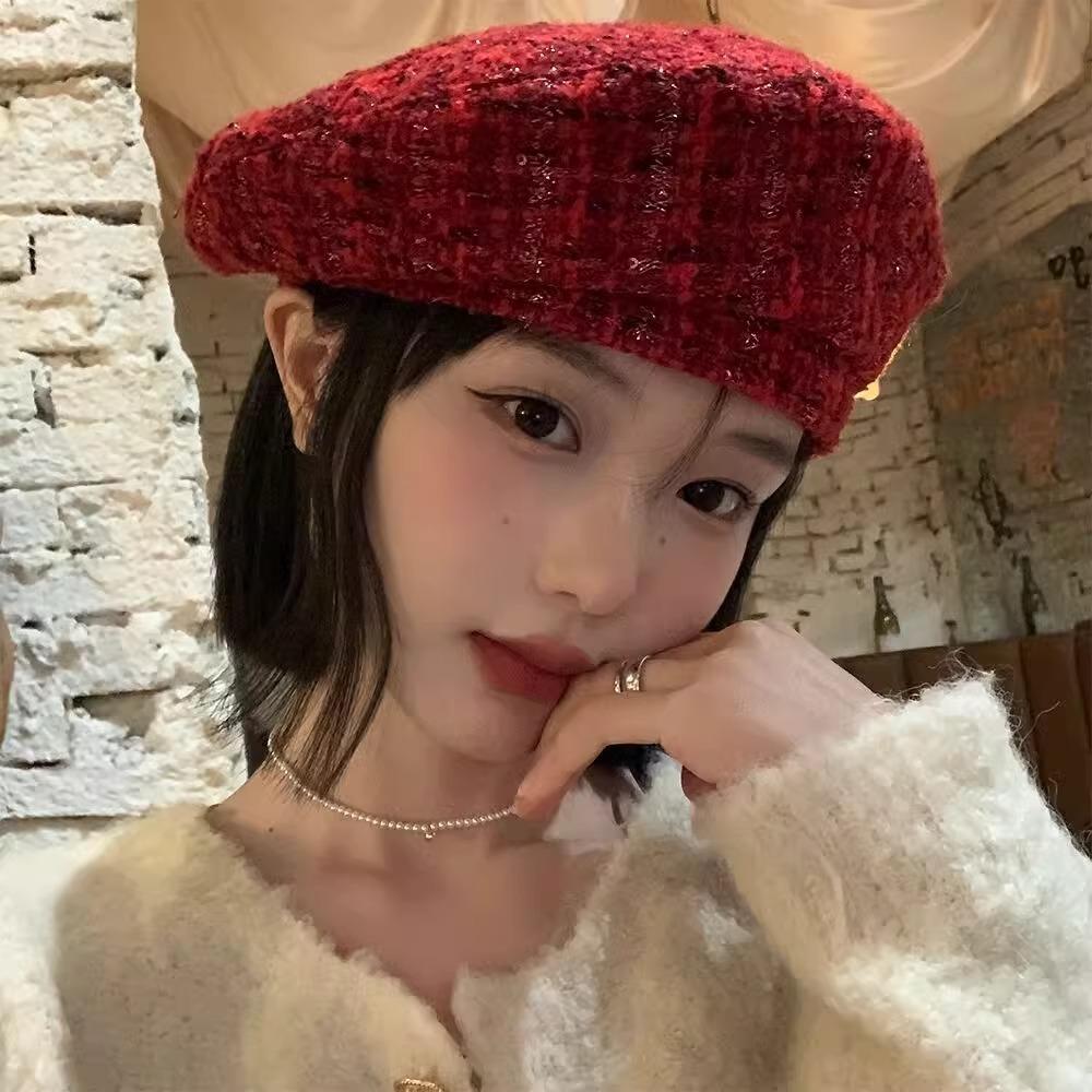 Red Tartans Berets Cap Y2K Women Artist Hat Painter Hat New Year Brimless Hat Autumn