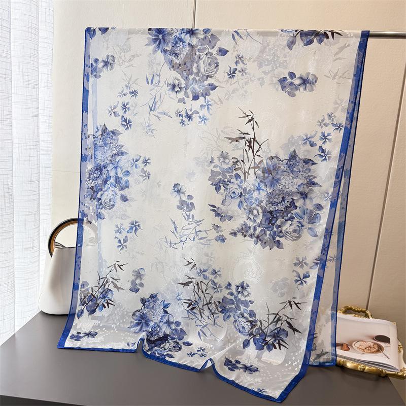Literary style printing flower cutting spring and summer silk scarf large long scarf high sense travel shawl sun protection women's scarf headscarf