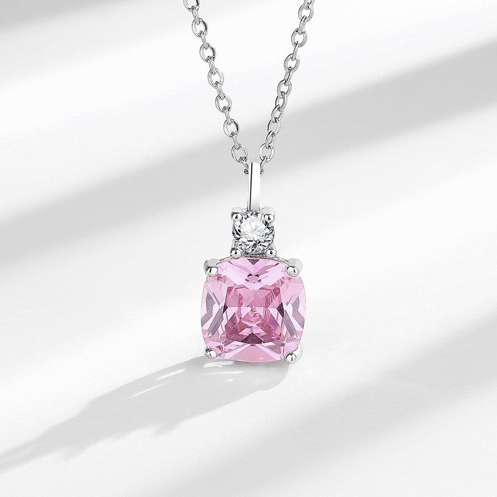 New Arrival Pink Cubic Zirconia Pendant Necklace 925 Silver Square Cut Chain Necklace for Women Luxury Wedding Jewelry Gift