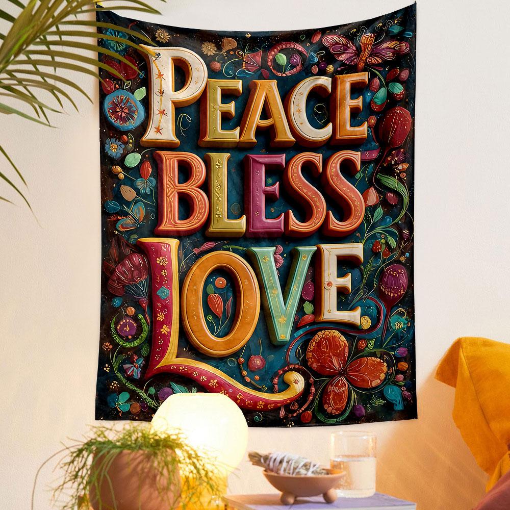 Peace Bless Love Floral Design Patterned Tapestry Home Decor, Suitable for Bedroom and Living Room, Gift
