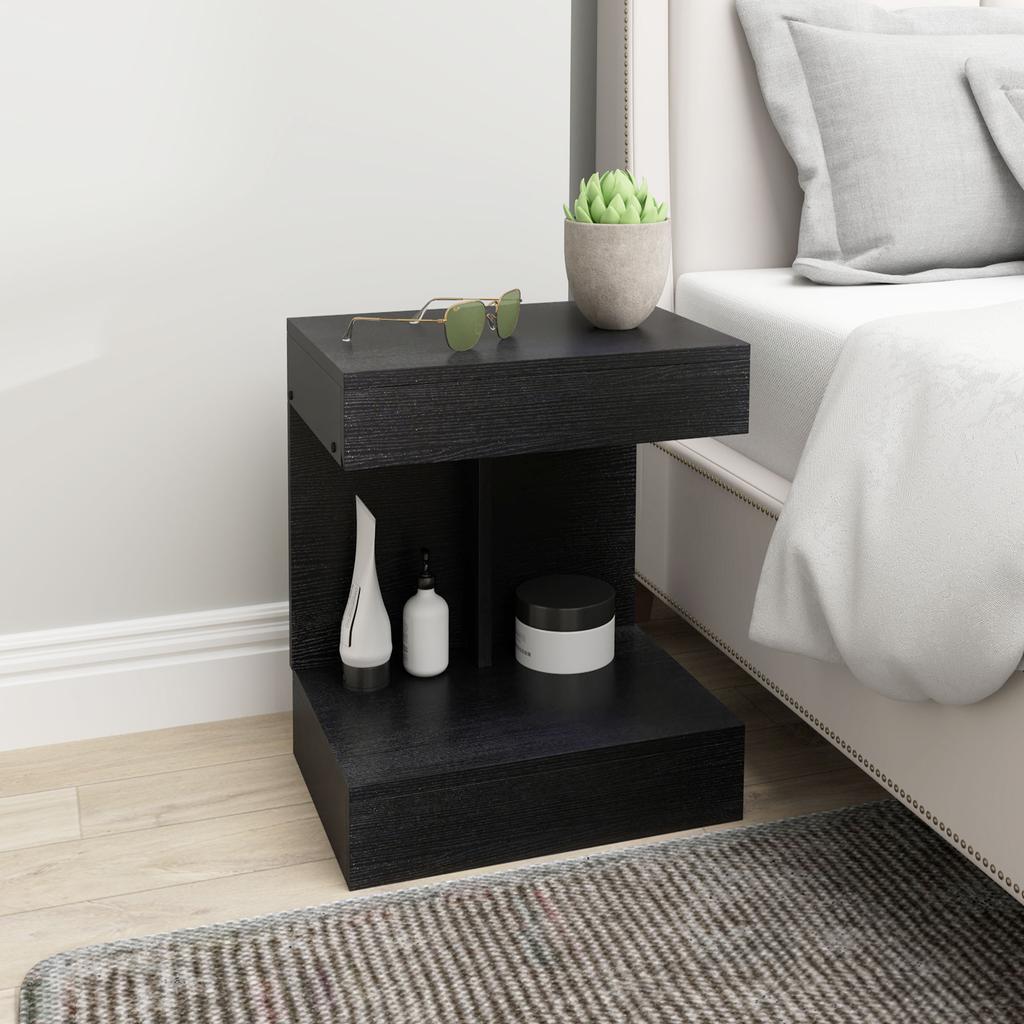 Nightstand, Side Table with Drawer and Storage Compartment, Modern Sofa Table with Shelf for Various Rooms, Black