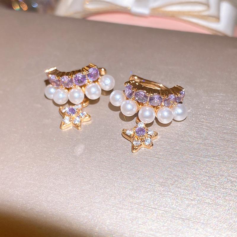 Early Summer Love Song~ Super Sparkling Zircon Round Star Stud Earring Clip Set Light Luxury Advanced Sense No Ear Piercing Ear Bone Clip