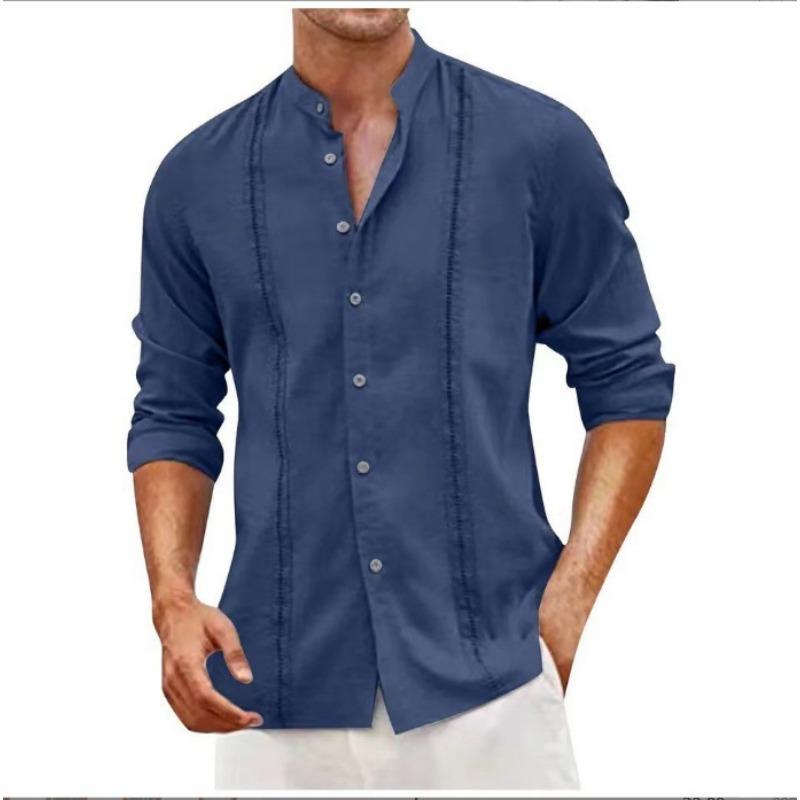 

Men s Long-Sleeved Shirts Autumn Solid Color Stand-Up Collar Shirts Casual Beach Style Plus Size Shirts S темно-синий