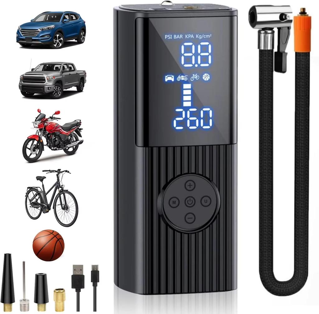 High Power Explosive Battery Car Tire Inflator 60L/min Bicycle Air Injector Portable Digital Compressor Electric Inflator with LED Light