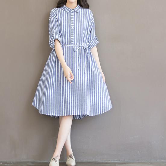 Plus Size Women Vertical Striped Loose Long Sleeve Button Down Shirt Midi Dress