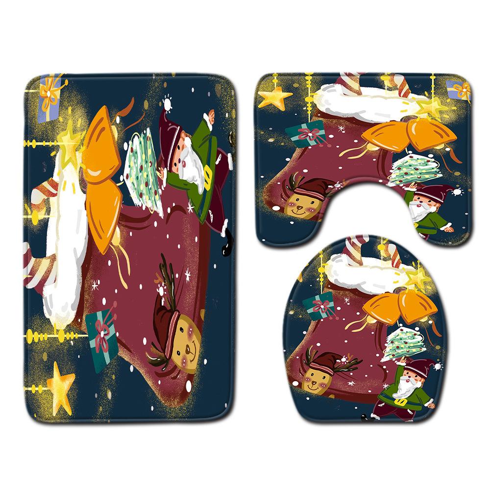 Christmas Shower Curtain Floor Mat Combination Four-Piece Set Bathroom Toilet Carpet Shower Room Mat Foot Mat