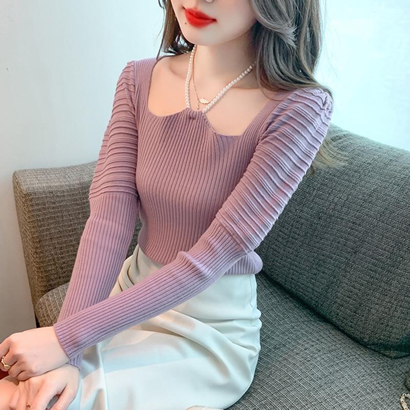 

Свитер с лямкой на бретельках во французском стиле, милые вязаные топы с квадратным воротником, женский пуловер, осенние облегающие топы с длинными рукавами, одежда 28864 XL светло-фиолетовый