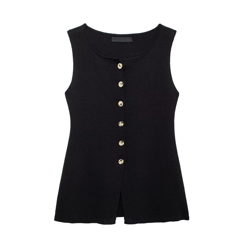 Spring New Women's Clothing Fashion All-Match Golden Button Plain Stitch Sleeveless French Vest Tops 4192100