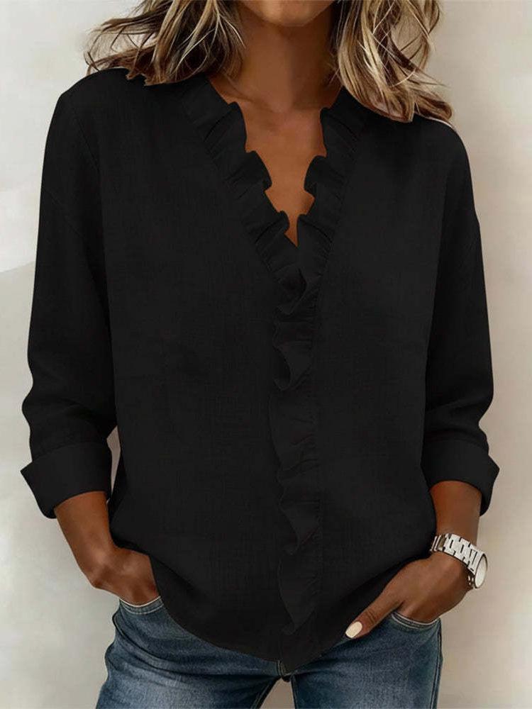 Top Elegante con Volantes y Cuello en V Estilo Francés para Mujer Primavera/Otoño 2026 Europeo y Americano