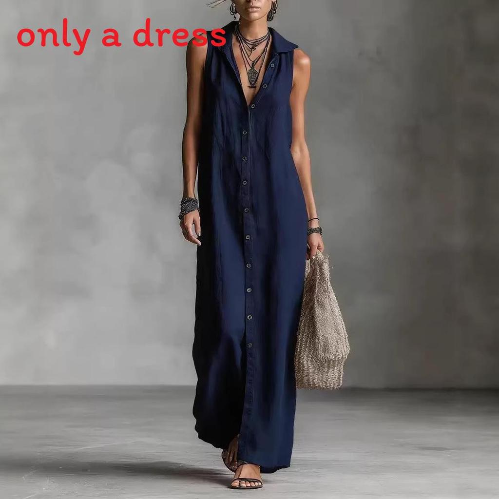 Long Sleeveless Spliced Dress With Polo Collar For Casual Travel And Streetwear