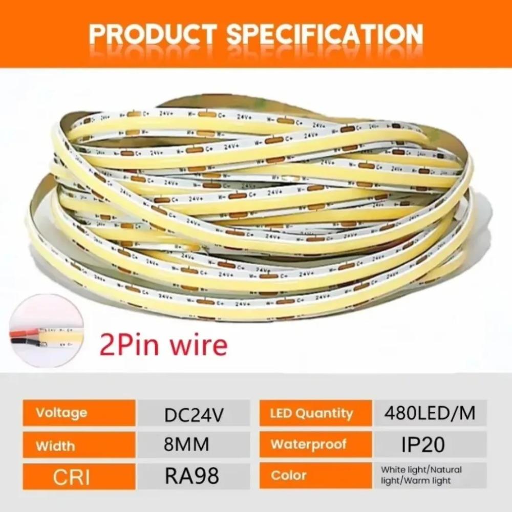 10m 480 LEDs/m COB LED Strip Lights Flexible Tape DC24V RA98 High CRI CCT 2700K-6500K Linear Dimming High Density For Room Decor