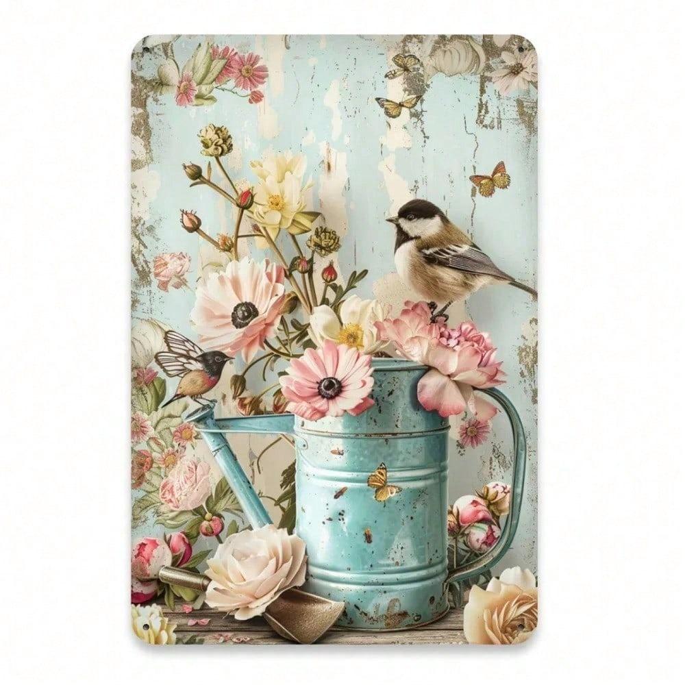 Metal Wall Art Poster, Retro Flowers with Bird and Watering Can, Home Cafe Décor