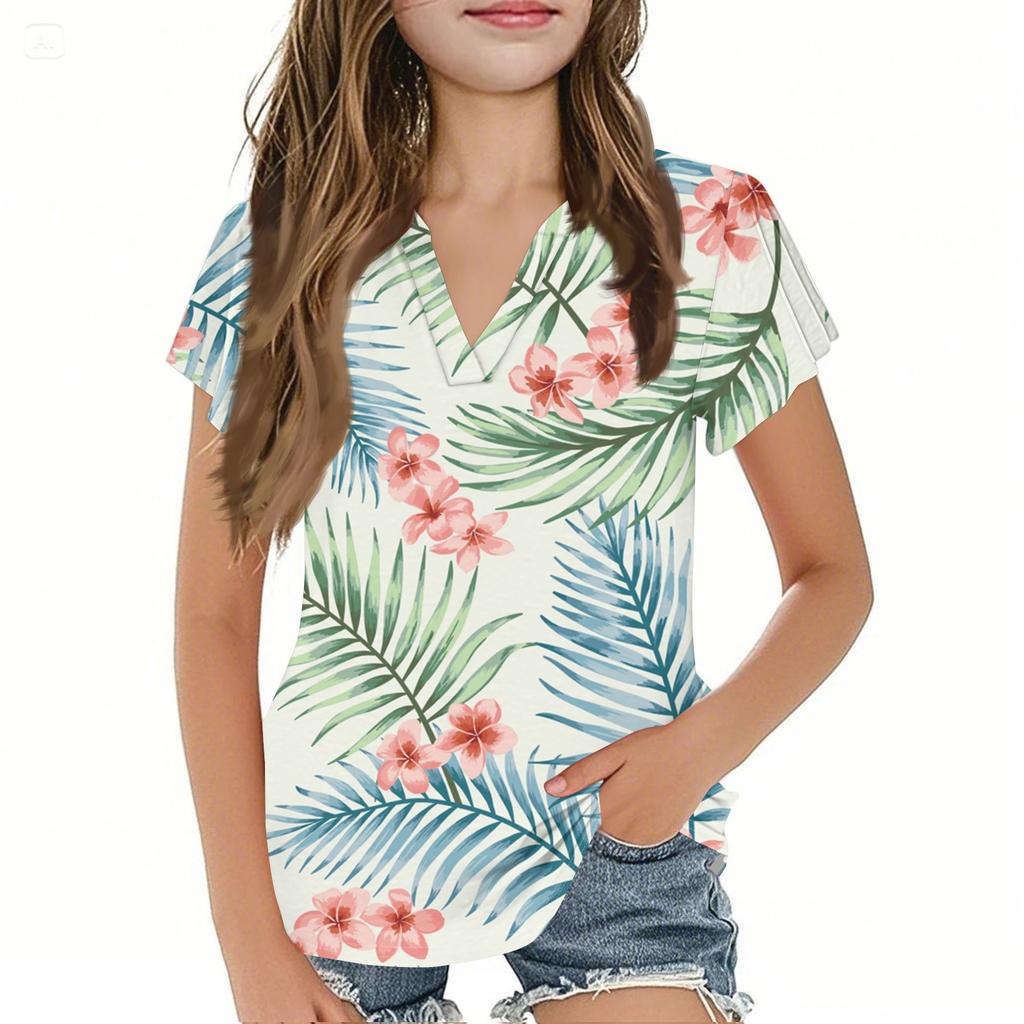 Summer Children's Casual Fashion Short-Sleeved V-Neck Hawaiian Girls' Top
