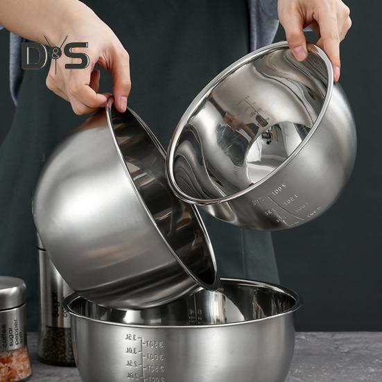 Tigela de salada de aço inoxidável com marca de escala, superfície polida, livre de BPA, fácil de limpar, lavável na máquina de lavar louça, tigela de mistura multifuncional