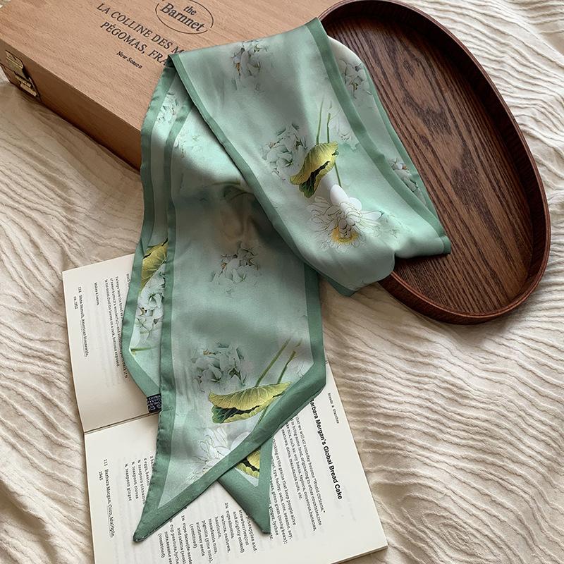 Silk scarf, long strip, high-end summer new neck protector, matching shirt, peony scarf, scarf, headscarf, headband, streamer.
