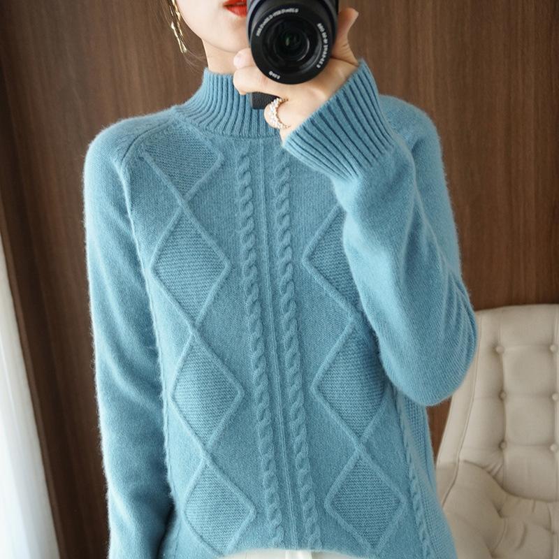 Semi-turtleneck warm thickened sweater women's autumn and winter twist pullover loose and versatile outer wear knitted sweater