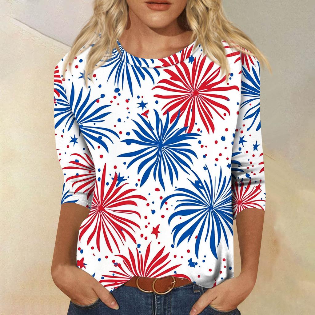 Women's Fashion Casual Seven Sleeve Independence Day Printed Round Neck Top