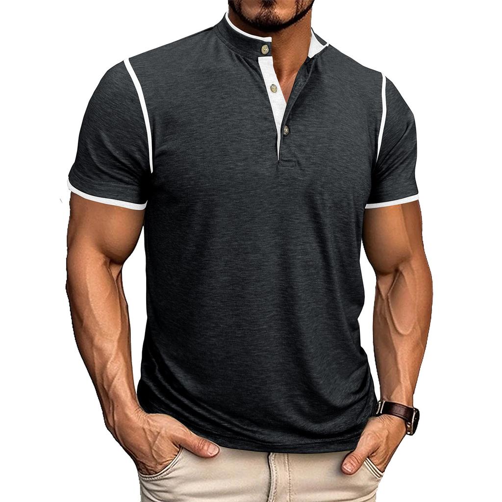 Men Henley Collar Short Sleeve T Shirt Lightweight Soft Material Trim Button Placket Casual Fit Pullover Top