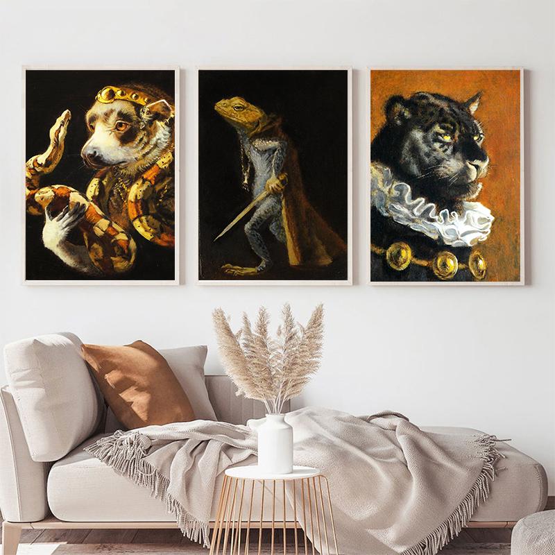 Hundeporträt, Haustierporträt, königliche Renaissance-Tiermalerei, lustiges Poster mit Katze und Hund