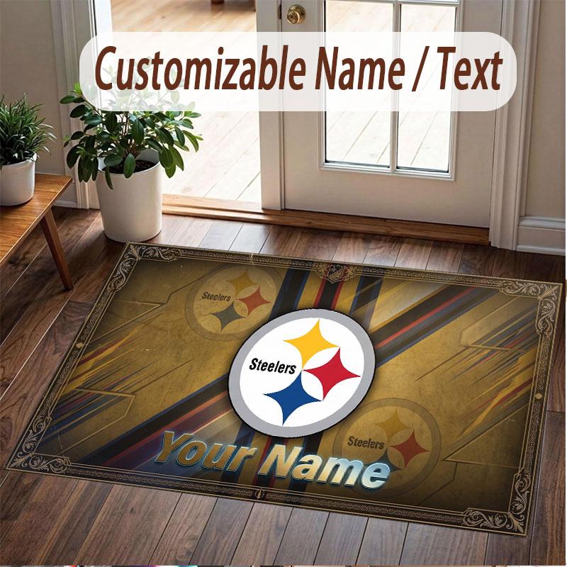 Custom Rug Pittsburgh Steelers Pattern Print Name Text Soft Non‑Slip Floor Carpet for Home Indoor Decoration
