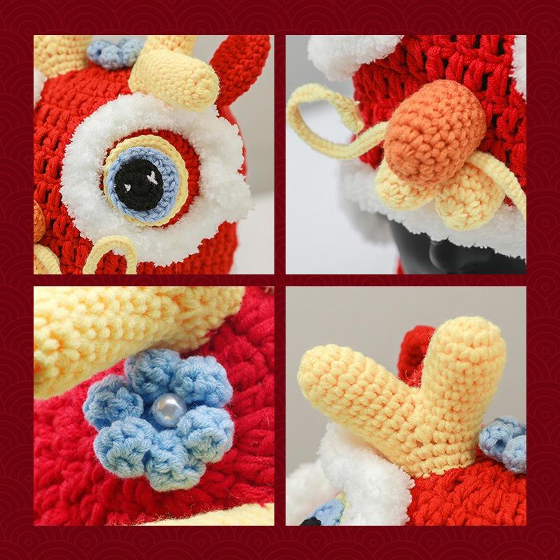 Autumn and winter parent-child knitted hat Guochao dragon and lion hat sleeve, new festive warm ear protection lace-up handmade knitted hat