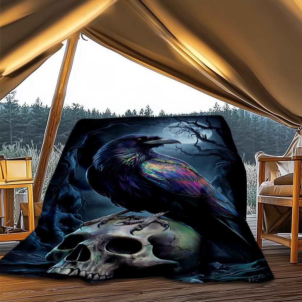 1pc Raven Skull Print Outdoor Blanket, Lightweight Polyester,
