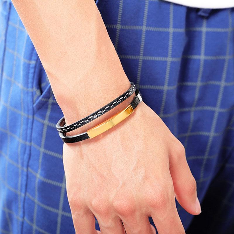 Personalisierte Lederarmbänder aus Edelstahl für Herren Armreifen DIY Schmuck Doppellagige Armbänder Herrenschmuck Geschenk Geschenkidee (Ba102286 )Mode