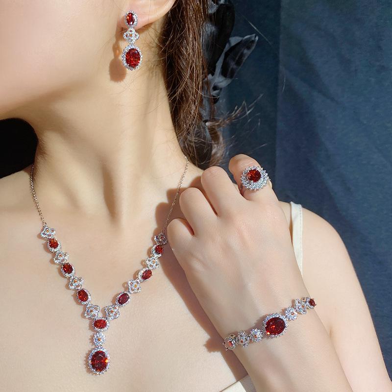 Camellia French Bright Simulation Ruby Bridal Set, 18K Full Diamond Plated Elegant And Noble Earrings Open Ring