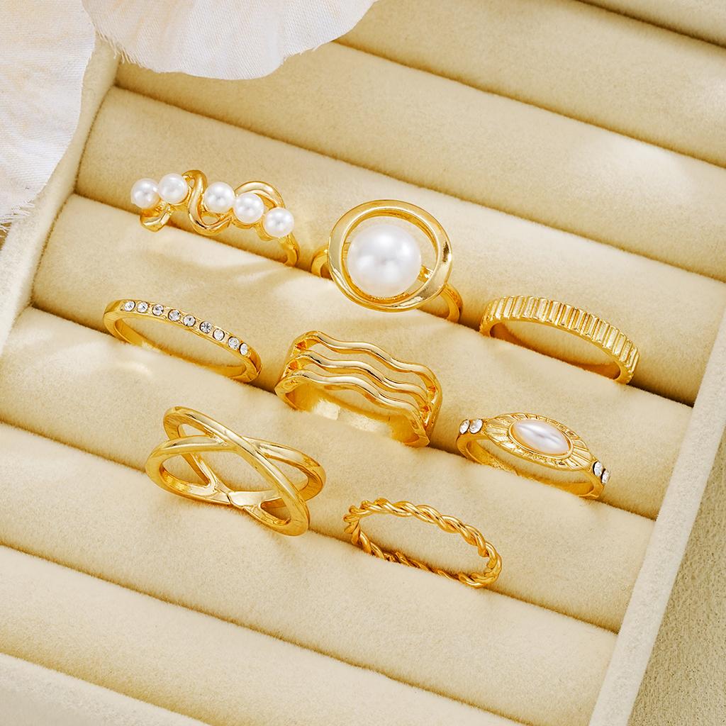 8Pcs/Set Gold Color Imitation Pearl Crystal Rings for Women Geometric Wave Cross Twisted Finger Ring Fashion Jewelry Accessories
