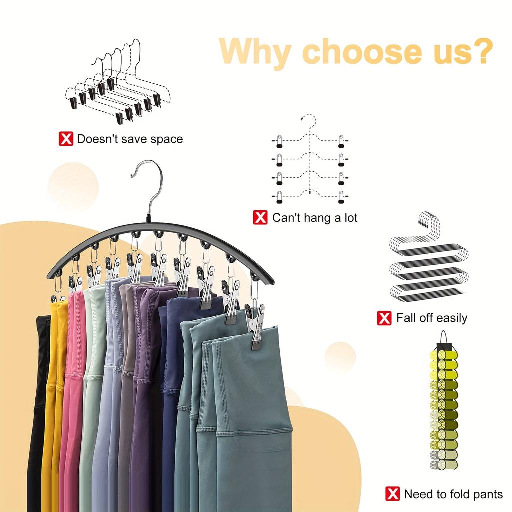 Curved Shape Hanger, Metal Yoga Pants Hangers, Pants Hanger With 10 Clothespins, Space Saving Hanging Hangers, Closet Organizer W/Rubber Coated,