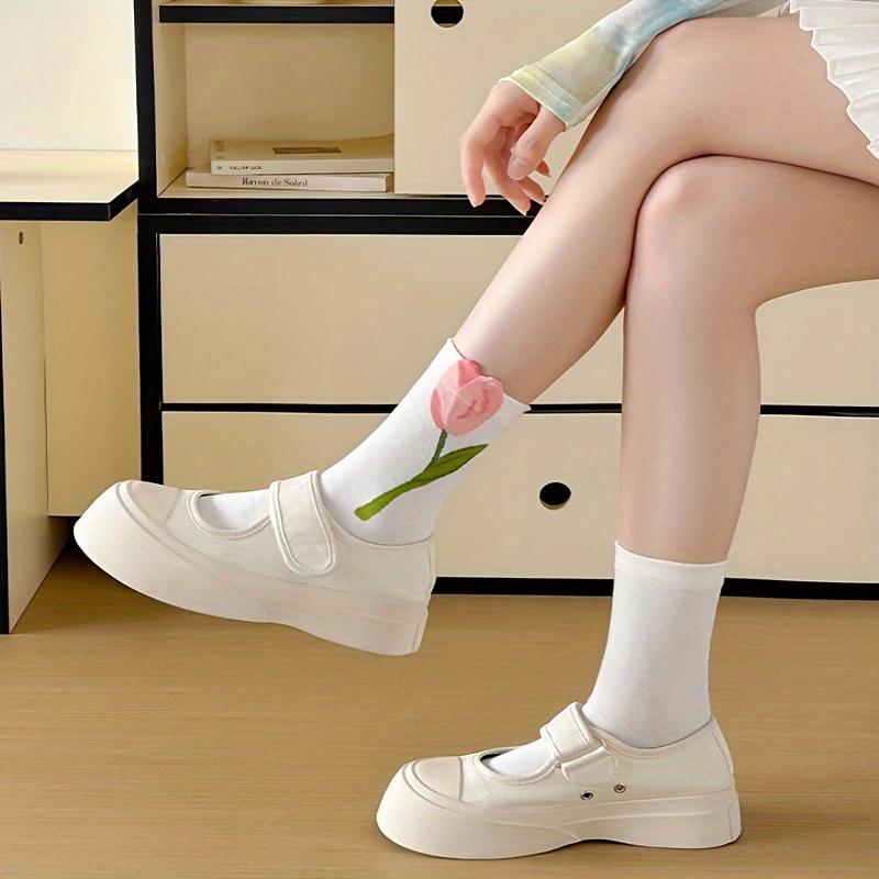 5 Paires de Chaussettes pour Femmes Chaussettes Sans Couture Chaussettes à Motif Tulipes Tridimensionnelles pour Femmes Fleurs Végétales Chaussettes en Coton Peigné pour Femmes Bas Doux Quatre Saisons