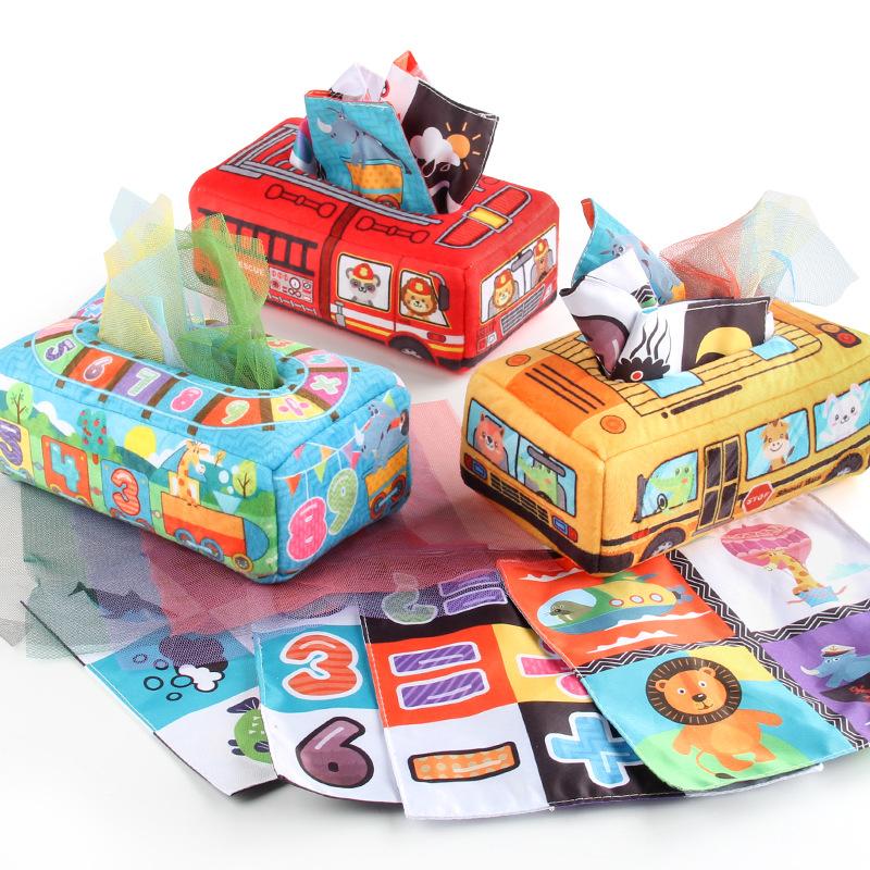 Baby Puzzle Early Education Cloth Book Toy Box Baby Ring Paper Cloth Book Simulation Train School Bus Can'T Be Torn And Drawn Tissue Box