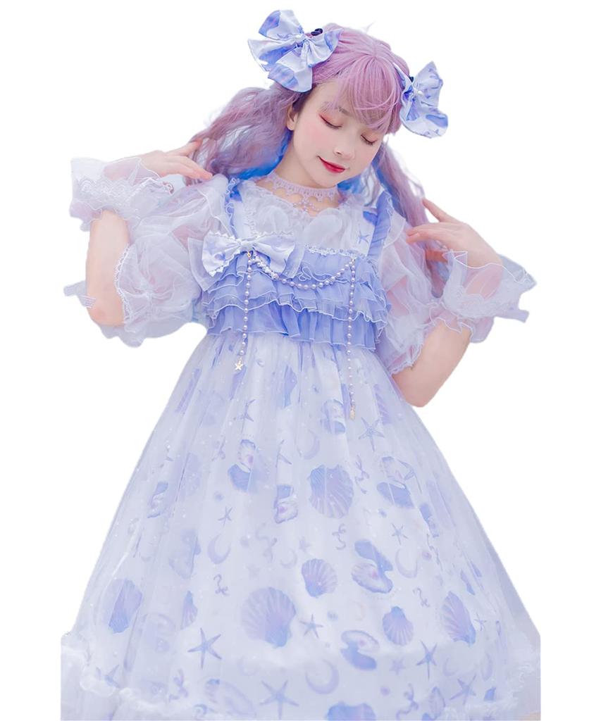 Milky Time Women's Sweet Lolita Dress, Natural Organza Shell Cosplay Costume, Medium (Blue)