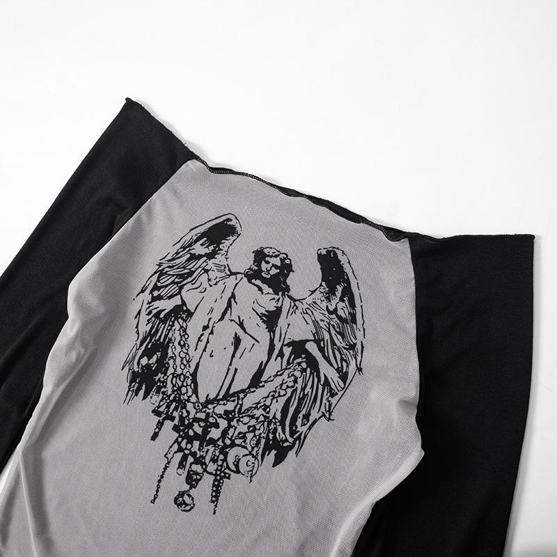 Y23TP642 Europäisch-Amerikanisches Mesh-Strick Ein-Schulter Print Durchsichtig Damen Top.