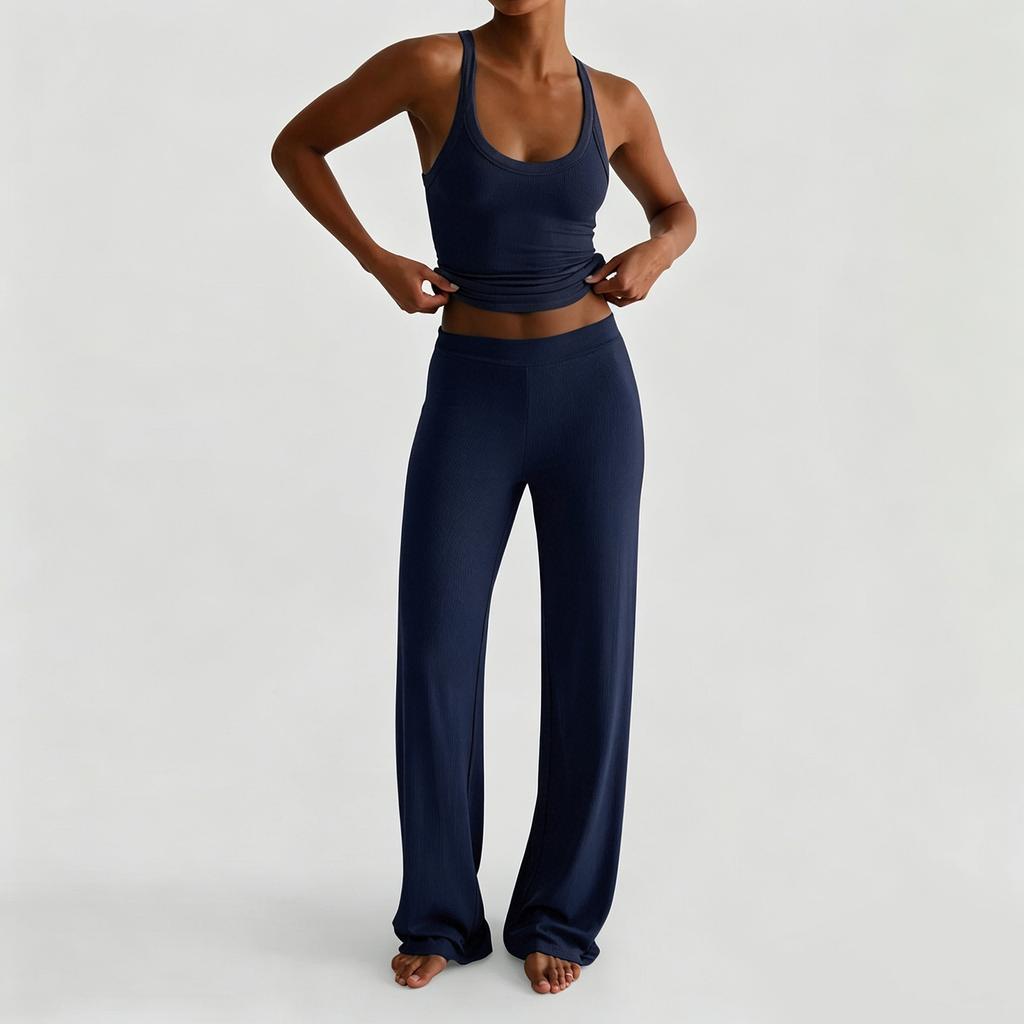 Women's Solid Color Sports Yoga Tank Top and Wide Leg Pants Two Piece Set Stretchy Comfortable Fit