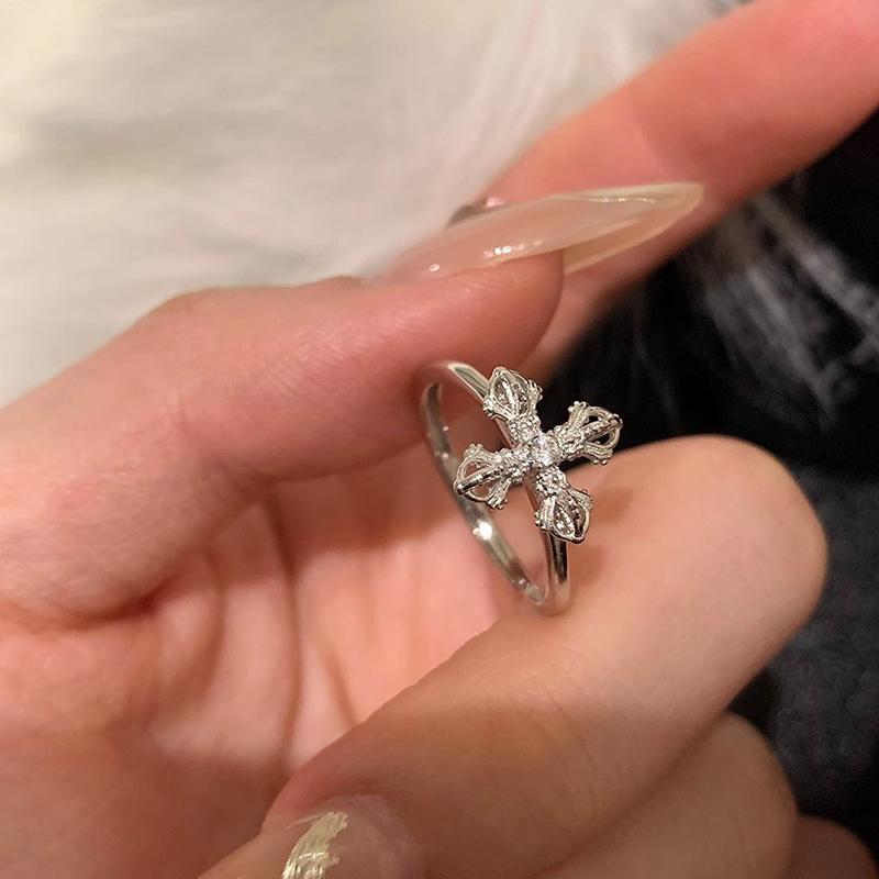 

French Light Luxury Zircon Cross Rings for Women Rhinestone Adjustable Copper Color Elegent Party Daily Wear Zircon Gifts